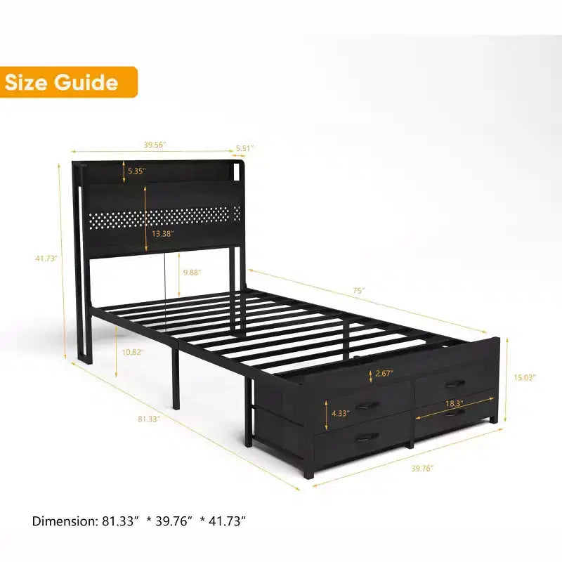 Lit plateforme simple avec tête de lit de rangement, 4 tiroirs sous le lit, lumière LED et station de charge pour une solution de chambre intelligente