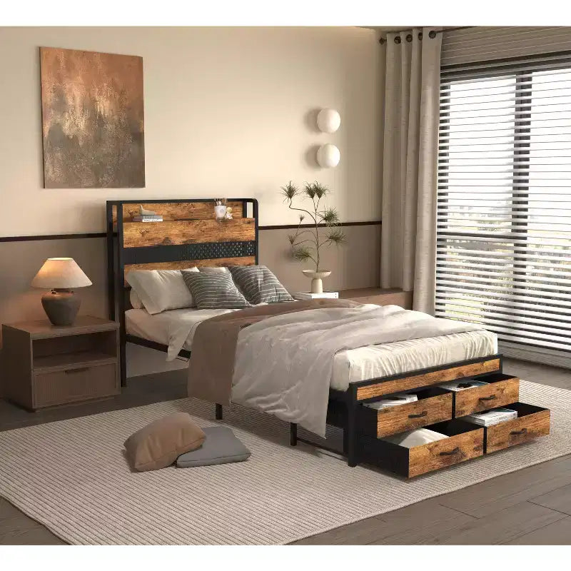 Lit plateforme simple avec tête de lit de rangement, 4 tiroirs sous le lit, lumière LED et station de charge pour une solution de chambre intelligente