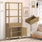 Bibliothèque rustique en bois à 5 niveaux, 180 cm de haut, avec étagères réglables, placard, tiroir et portes coulissantes, pour chambre, salon, bureau à domicile