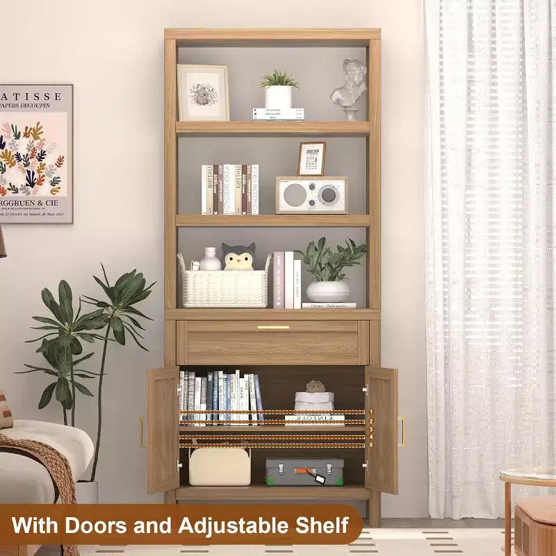 Bibliothèque rustique en bois à 5 niveaux, 180 cm de haut, avec étagères réglables, placard, tiroir et portes coulissantes, pour chambre, salon, bureau à domicile
