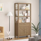 Bibliothèque rustique en bois à 5 niveaux, 180 cm de haut, avec étagères réglables, placard, tiroir et portes coulissantes, pour chambre, salon, bureau à domicile