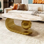 Modern Oval Coffee Table, Irregular Marble Center Table with Gold Steel Base for Living Room