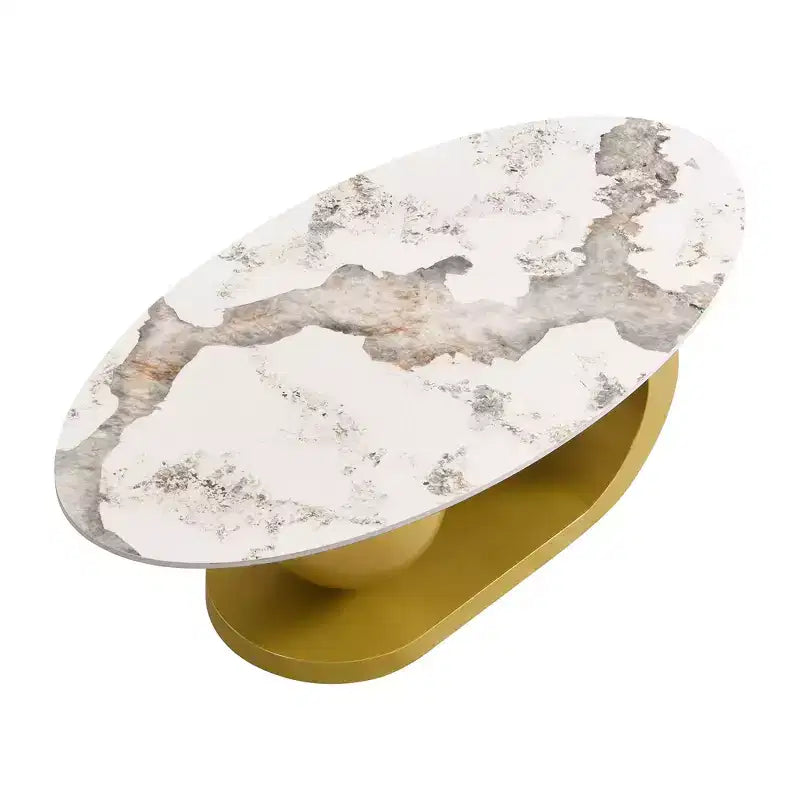 Table basse ovale moderne, table basse centrale irrégulière en marbre avec base en acier doré pour le salon