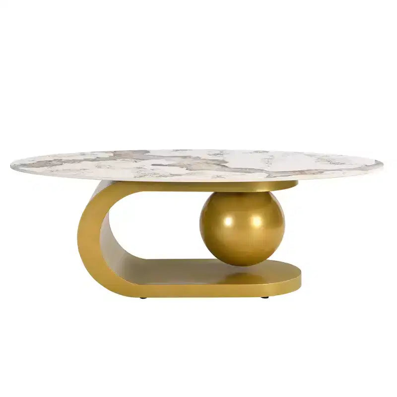 Table basse ovale moderne, table basse centrale irrégulière en marbre avec base en acier doré pour le salon