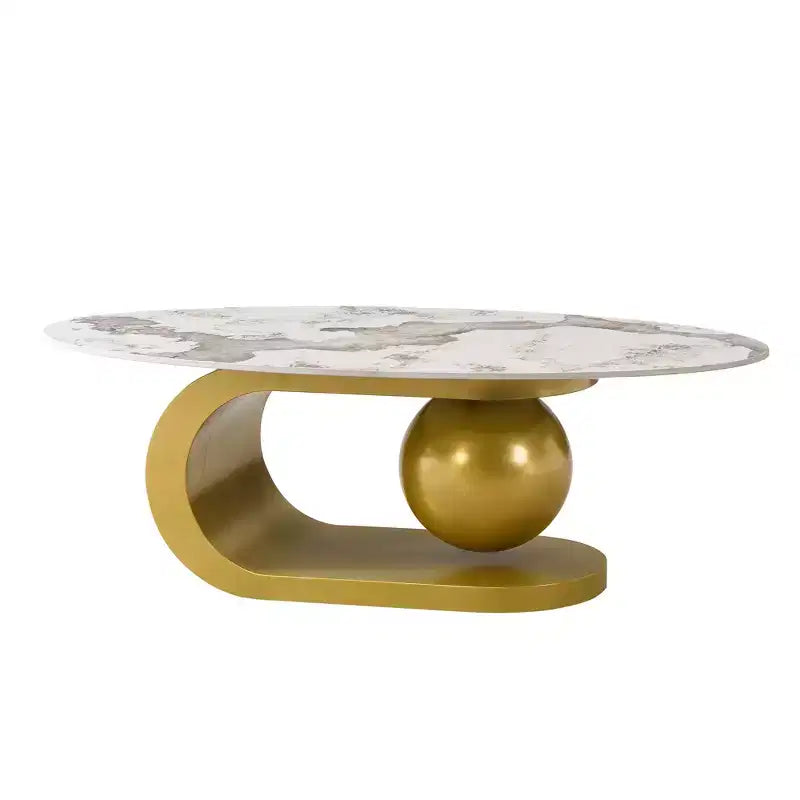 Table basse ovale moderne, table basse centrale irrégulière en marbre avec base en acier doré pour le salon