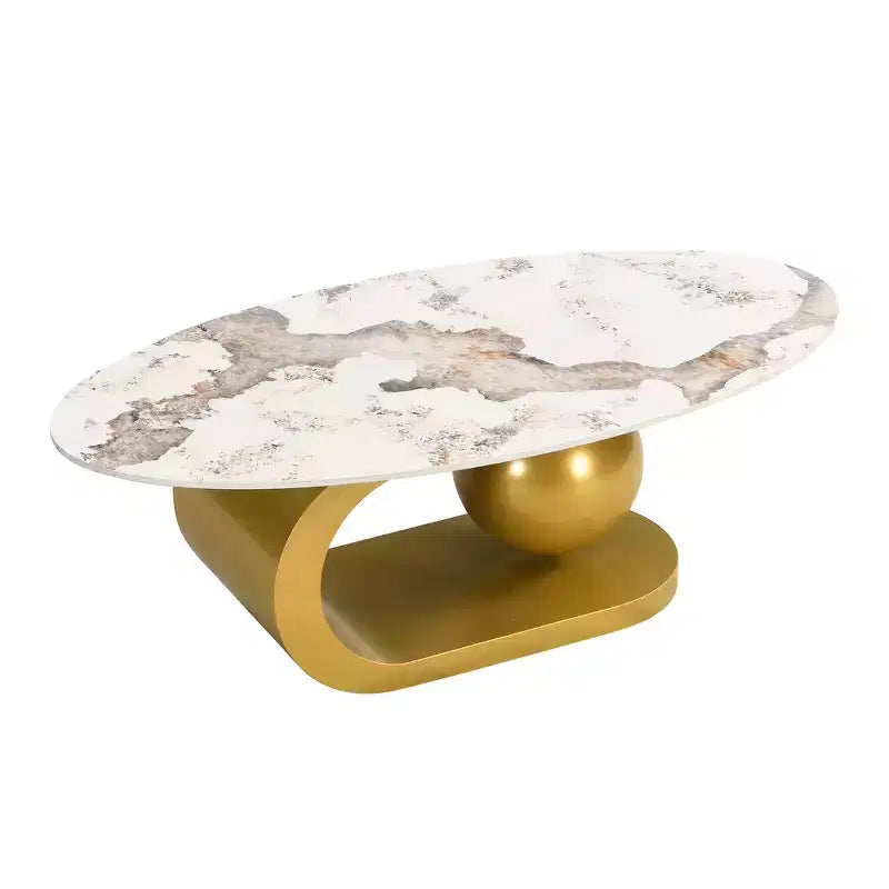 Table basse ovale moderne, table basse centrale irrégulière en marbre avec base en acier doré pour le salon