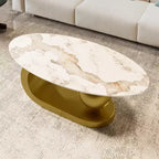 Table basse ovale moderne, table basse centrale irrégulière en marbre avec base en acier doré pour le salon