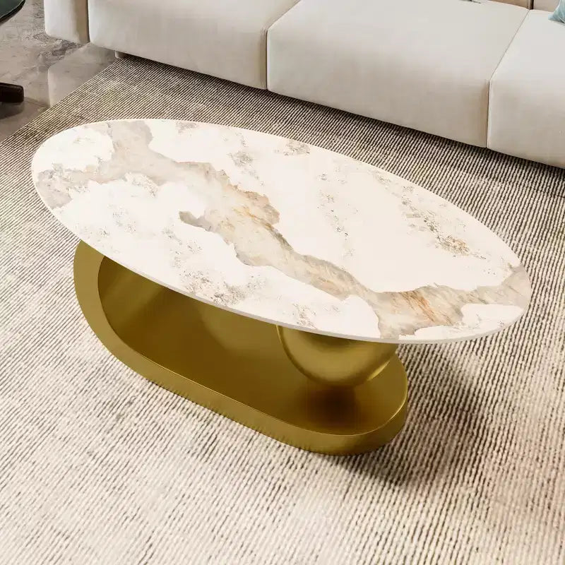 Table basse ovale moderne, table basse centrale irrégulière en marbre avec base en acier doré pour le salon
