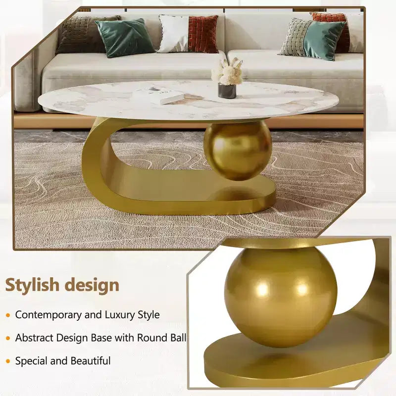 Table basse ovale moderne, table basse centrale irrégulière en marbre avec base en acier doré pour le salon