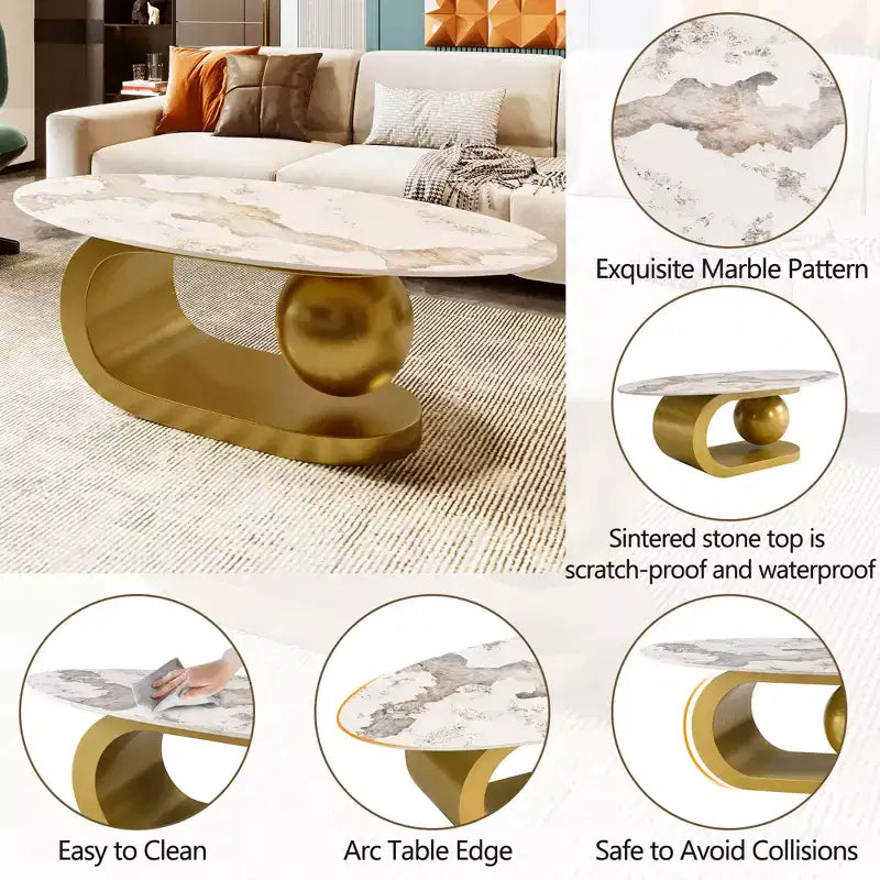 Table basse ovale moderne, table basse centrale irrégulière en marbre avec base en acier doré pour le salon