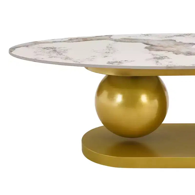 Table basse ovale moderne, table basse centrale irrégulière en marbre avec base en acier doré pour le salon