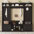 Okak 4-IN-1 Wide Hall Tree with Entryway Bench and Shoe Cubbies, Coat Rack with Sotrage Shelves and 10 Hooks, Coat Tree for Hallway, Black