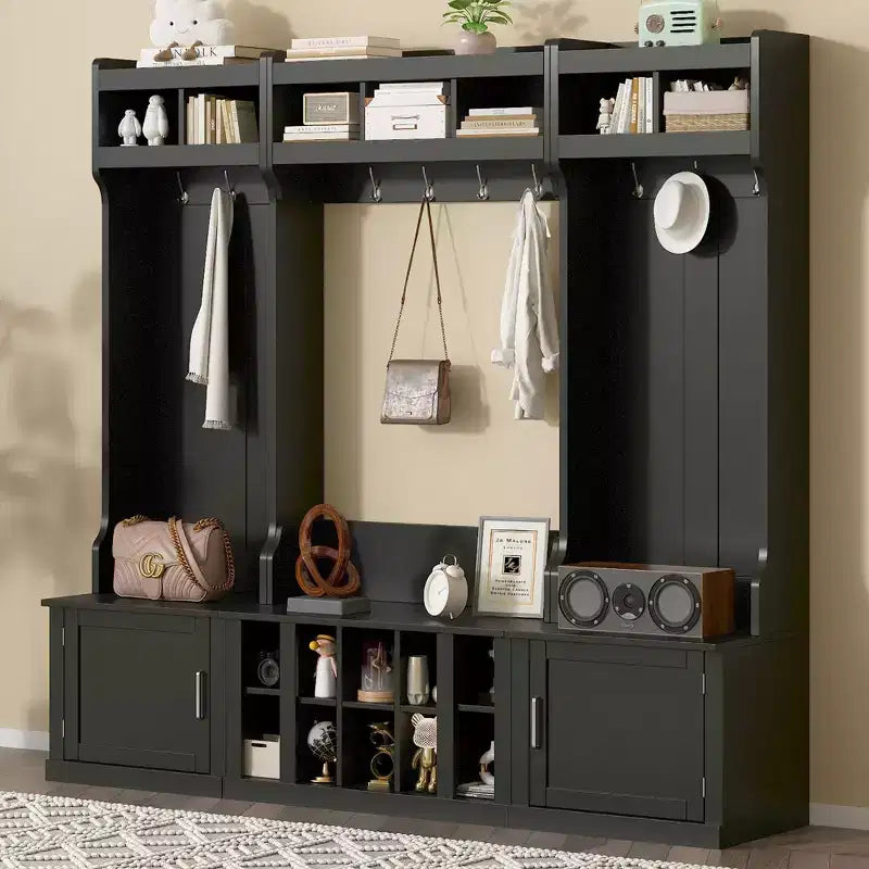 Meuble d'entrée large Okak 4-EN-1 avec banc et casiers à chaussures, porte-manteau avec étagères de rangement et 10 crochets, pour couloir, noir