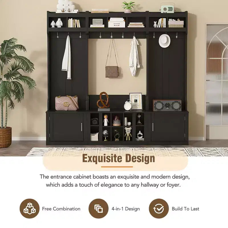Meuble d'entrée large Okak 4-EN-1 avec banc et casiers à chaussures, porte-manteau avec étagères de rangement et 10 crochets, pour couloir, noir