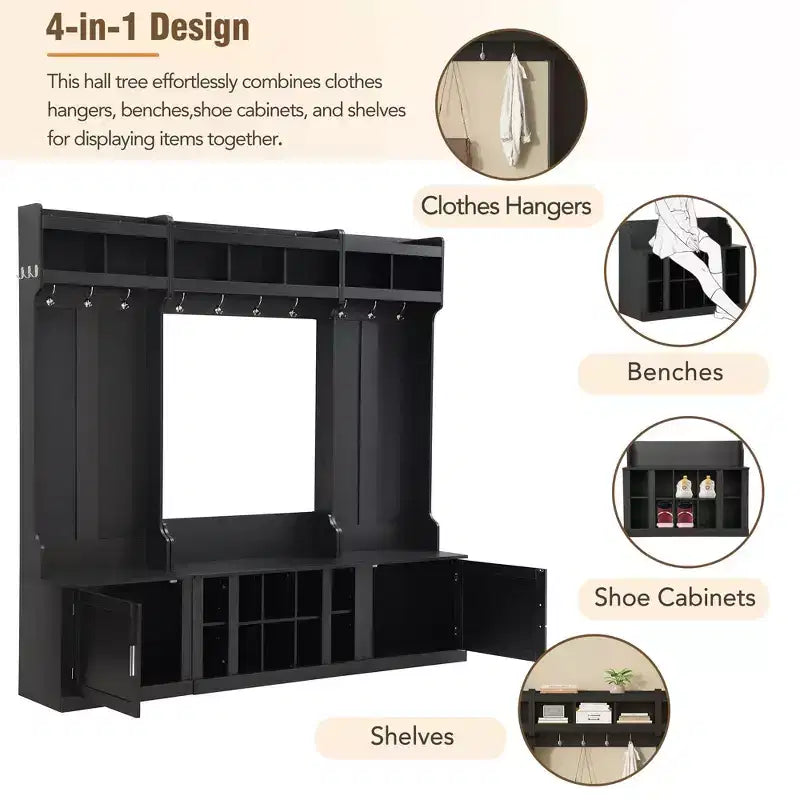 Meuble d'entrée large Okak 4-EN-1 avec banc et casiers à chaussures, porte-manteau avec étagères de rangement et 10 crochets, pour couloir, noir