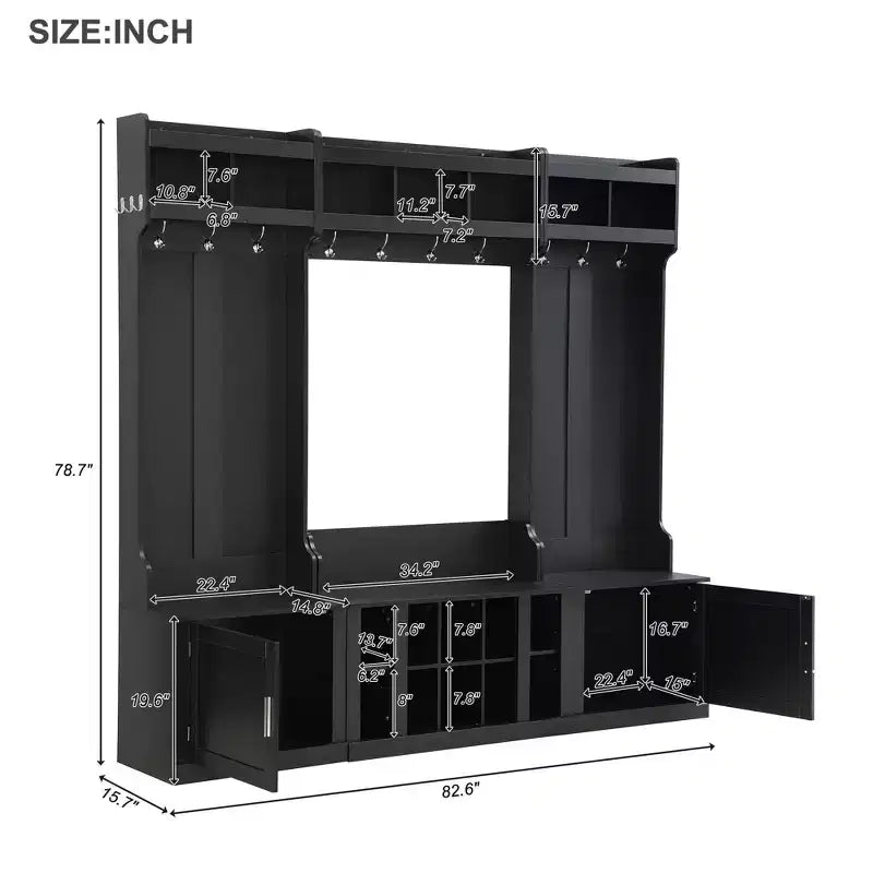 Meuble d'entrée large Okak 4-EN-1 avec banc et casiers à chaussures, porte-manteau avec étagères de rangement et 10 crochets, pour couloir, noir