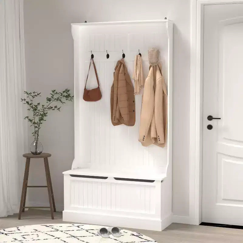 Porte-manteau Okak Minimalism avec 5 crochets, porte-manteau autoportant avec banc de rangement pour chaussures, rangement d'entrée pour salon, couloir, blanc