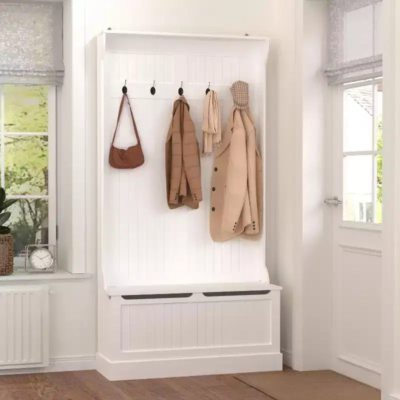 Porte-manteau Okak Minimalism avec 5 crochets, porte-manteau autoportant avec banc de rangement pour chaussures, rangement d'entrée pour salon, couloir, blanc