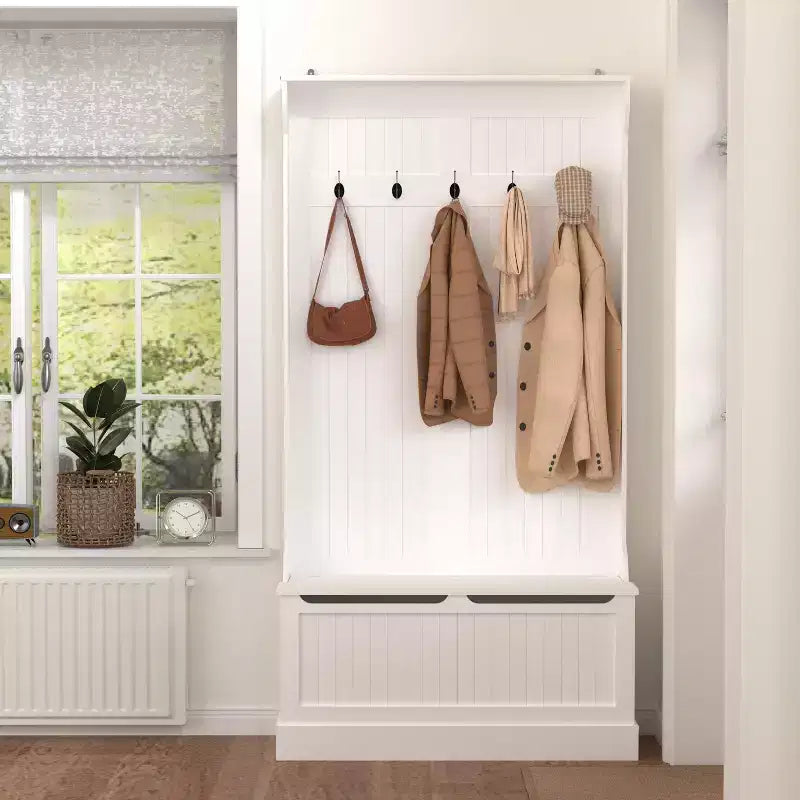 Porte-manteau Okak Minimalism avec 5 crochets, porte-manteau autoportant avec banc de rangement pour chaussures, rangement d'entrée pour salon, couloir, blanc