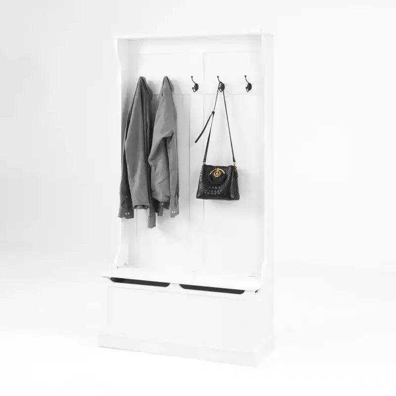 Porte-manteau Okak Minimalism avec 5 crochets, porte-manteau autoportant avec banc de rangement pour chaussures, rangement d'entrée pour salon, couloir, blanc