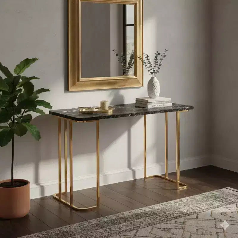 Royal Hampton 47 Inch Desk, USB Power Outlet, Gold Metal Legs, Black Faux Marble