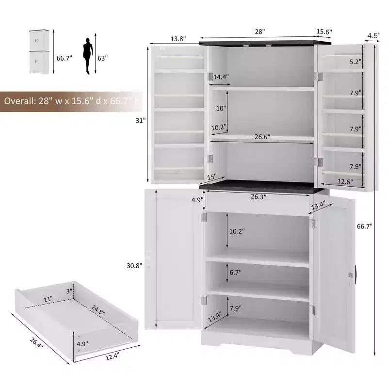 Armoire de cuisine Celebalcony 66.7 avec étagères de porte, tiroir caché et étagère réglable. Meuble de rangement autoportant pour cuisine, salle à manger.