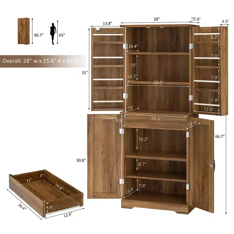 Armoire de cuisine Celebalcony 66.7 avec étagères de porte, tiroir caché et étagère réglable. Meuble de rangement autoportant pour cuisine, salle à manger.