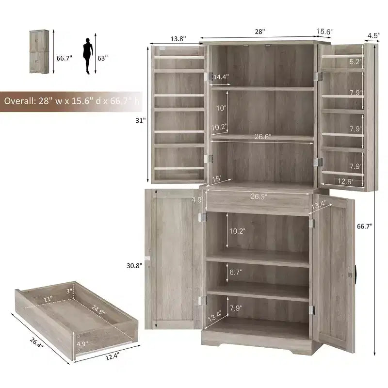 Armoire de cuisine Celebalcony 66.7 avec étagères de porte, tiroir caché et étagère réglable. Meuble de rangement autoportant pour cuisine, salle à manger.