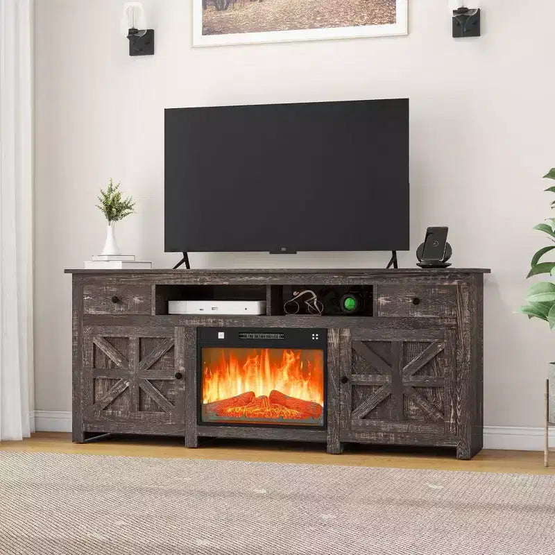 Meuble TV avec cheminée pour téléviseurs jusqu'à 80 pouces, centre de divertissement avec tiroirs de rangement et placards pour salon