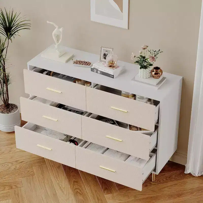 Commode à 6 tiroirs, commode moderne blanche avec pieds et poignées en métal doré, grande commode double en bois pour chambre à coucher, salon, bureau
