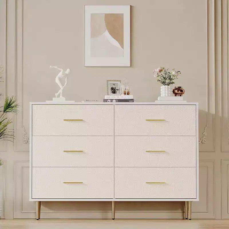 Commode à 6 tiroirs, commode moderne blanche avec pieds et poignées en métal doré, grande commode double en bois pour chambre à coucher, salon, bureau