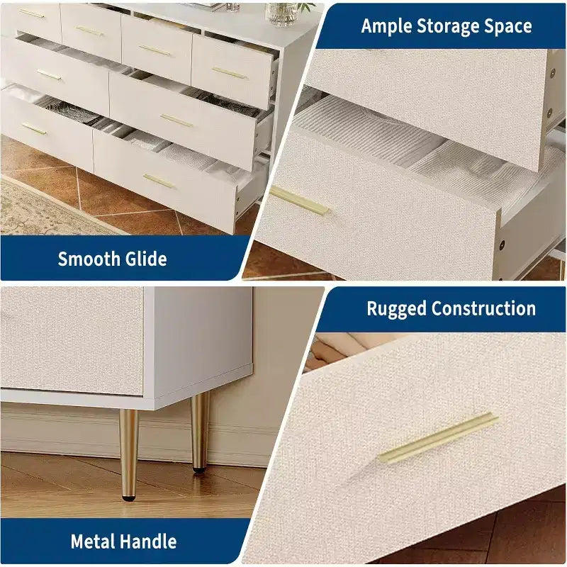 Commode à 6 tiroirs, commode moderne blanche avec pieds et poignées en métal doré, grande commode double en bois pour chambre à coucher, salon, bureau
