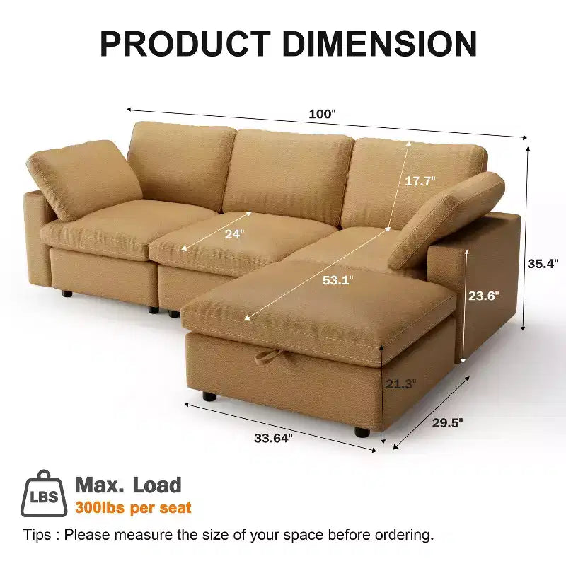 Dyonery Canapé en nuage 100 en similicuir avec ottoman, Canapés modulaires en forme de L en tissu PU résistant aux rayures et aux animaux domestiques, Montage sans outils