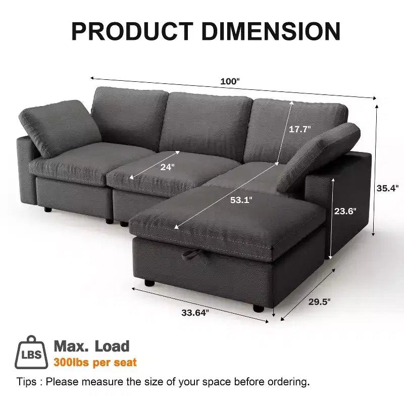Dyonery Canapé en nuage 100 en similicuir avec ottoman, Canapés modulaires en forme de L en tissu PU résistant aux rayures et aux animaux domestiques, Montage sans outils