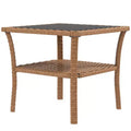 Rattan Side Table, Outdoor End Table with Storage Shelf, Aluminum Frame Square Table with Tempered Glass Top