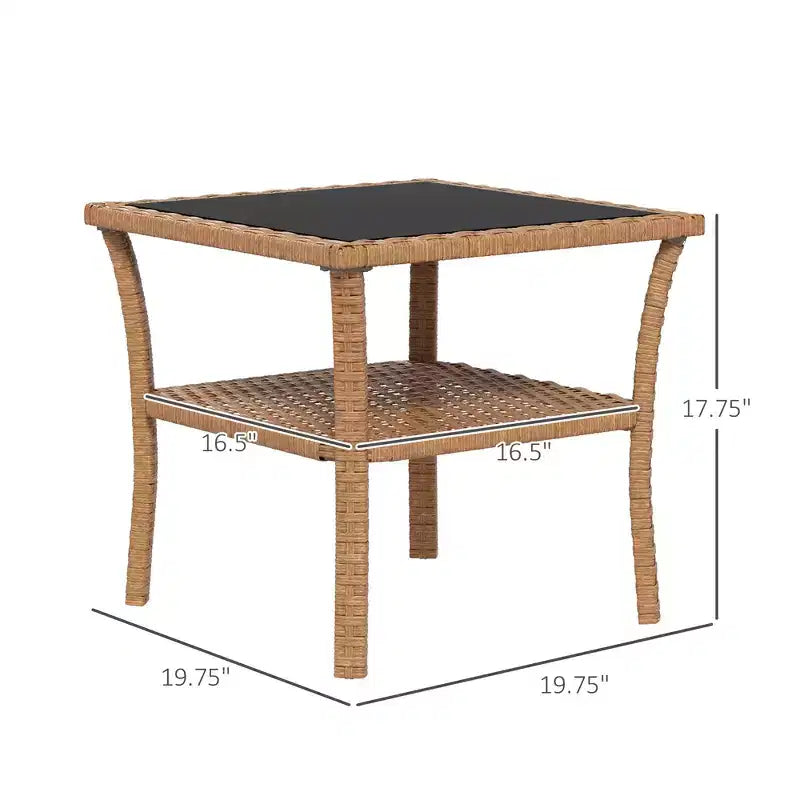 Table d'appoint en rotin, table d'appoint d'extérieur avec étagère de rangement, table carrée à cadre en aluminium avec plateau en verre trempé