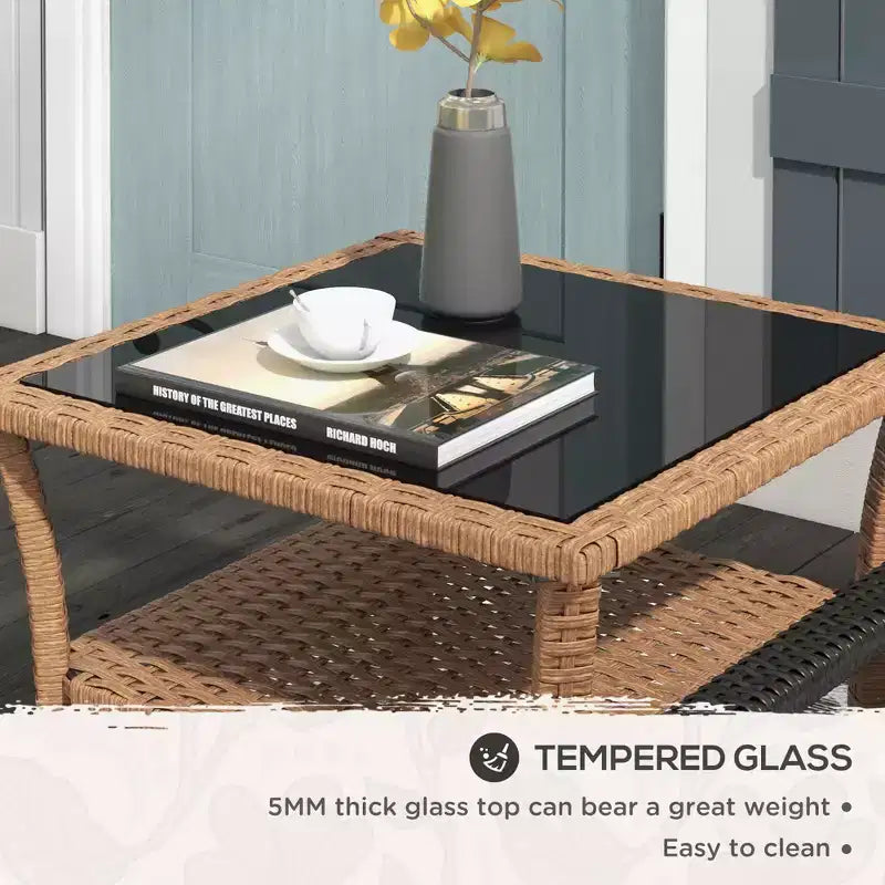 Table d'appoint en rotin, table d'appoint d'extérieur avec étagère de rangement, table carrée à cadre en aluminium avec plateau en verre trempé