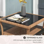 Table d'appoint en rotin, table d'appoint d'extérieur avec étagère de rangement, table carrée à cadre en aluminium avec plateau en verre trempé