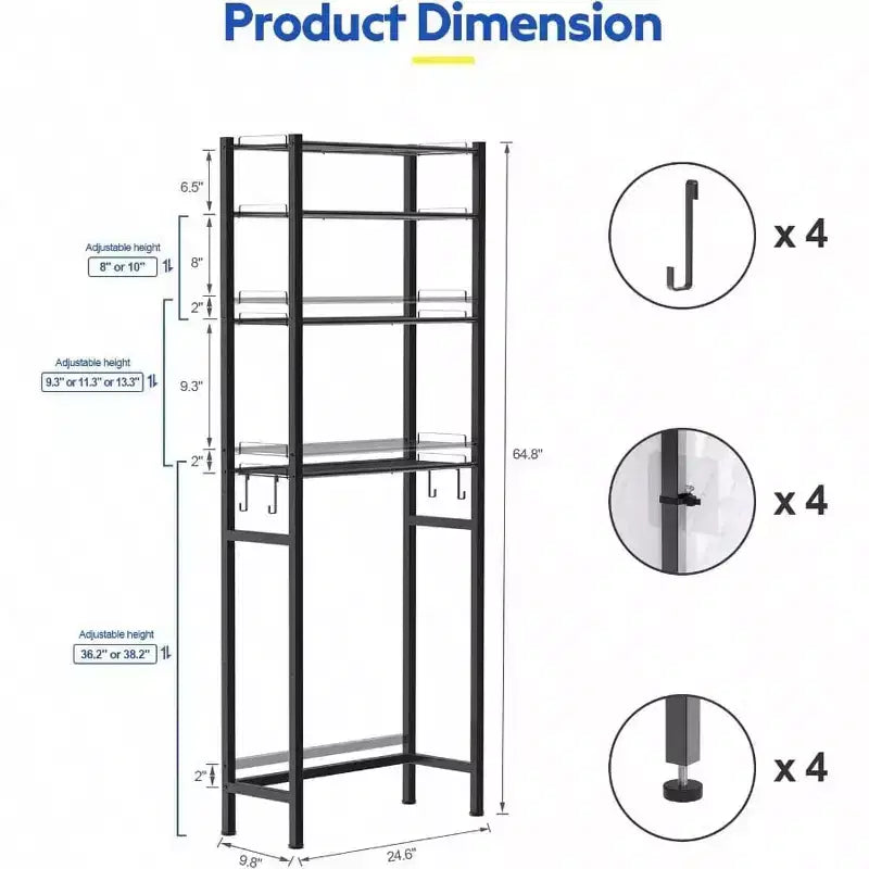 Étagère de rangement 4 niveaux au-dessus des toilettes, organisateur de salle de bain, meuble à étagères noir, hauteur réglable, autoportant, peu encombrant