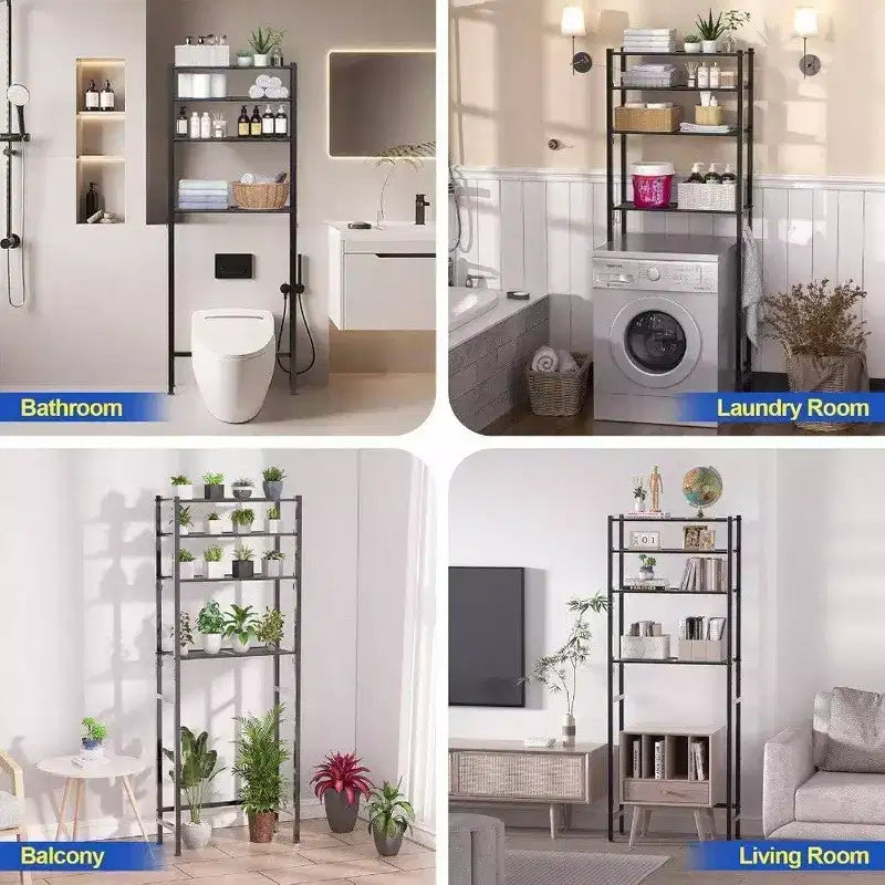 Étagère de rangement 4 niveaux au-dessus des toilettes, organisateur de salle de bain, meuble à étagères noir, hauteur réglable, autoportant, peu encombrant