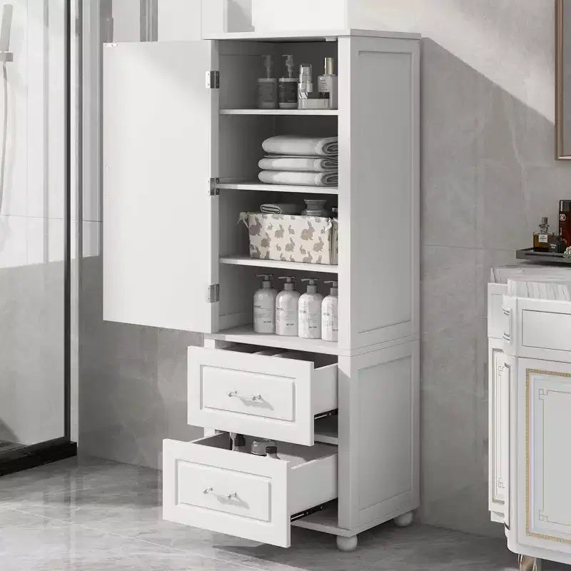 Meuble Colonne de Salle de Bain MAYEERTY sur Pied, 2 Tiroirs, Étagère Réglable, MDF Laqué Blanc