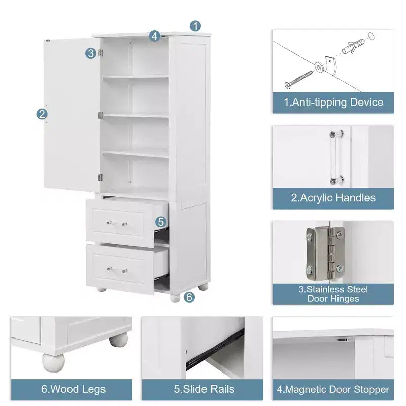 Meuble Colonne de Salle de Bain MAYEERTY sur Pied, 2 Tiroirs, Étagère Réglable, MDF Laqué Blanc