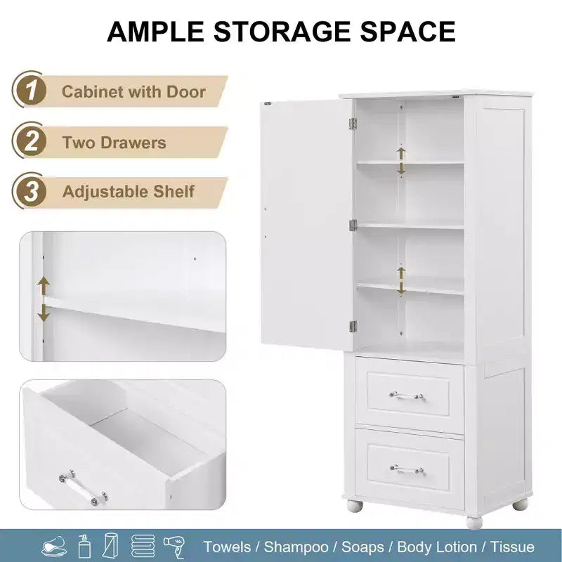 Meuble Colonne de Salle de Bain MAYEERTY sur Pied, 2 Tiroirs, Étagère Réglable, MDF Laqué Blanc