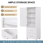 Meuble Colonne de Salle de Bain MAYEERTY sur Pied, 2 Tiroirs, Étagère Réglable, MDF Laqué Blanc