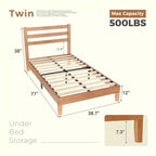 Lit plateforme Okak en bois massif naturel avec tête de lit à lattes en bois, lit de chambre principale, aucun sommier tapissier requis