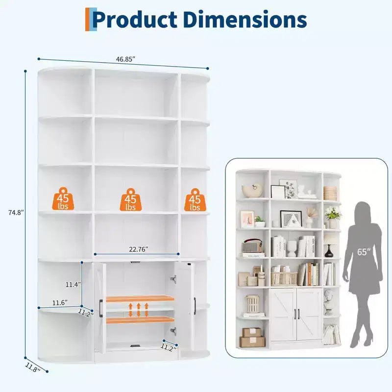 Étagère de 75 pouces avec rangement, bibliothèque de 6 niveaux et 47 pouces de large de style ferme moderne, meuble de rangement, étagère de présentation pour bureau à domicile, salon
