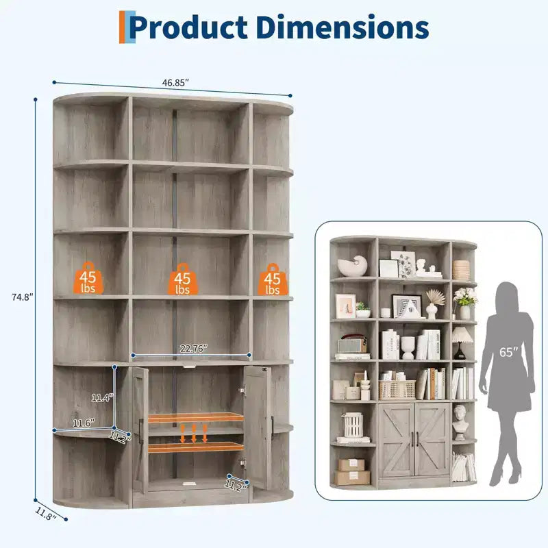 Étagère de 75 pouces avec rangement, bibliothèque de 6 niveaux et 47 pouces de large de style ferme moderne, meuble de rangement, étagère de présentation pour bureau à domicile, salon
