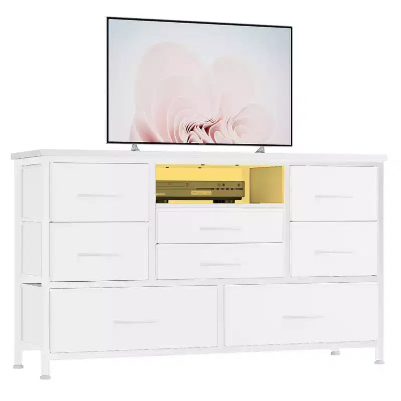 GustoWave 8-Drawer Fabric TV Stand  Sturdy Metal Frame Media Console with Wood Top for Living Room, Entryway, Bedroom, or Guest Room