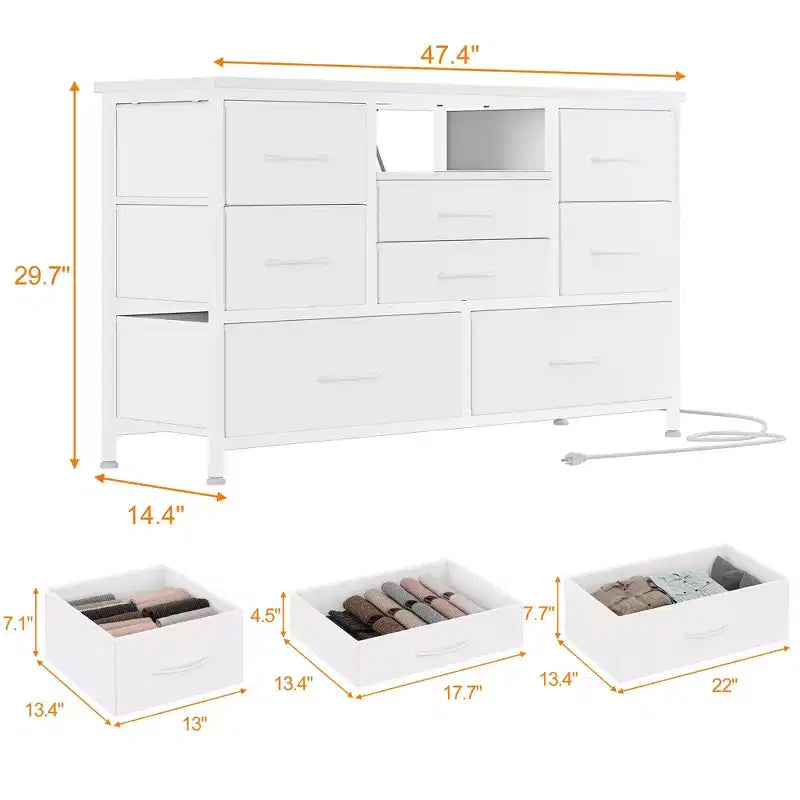 Meuble TV en tissu à 8 tiroirs GustoWave – Console multimédia robuste avec cadre en métal et plateau en bois pour salon, entrée, chambre ou chambre d'amis