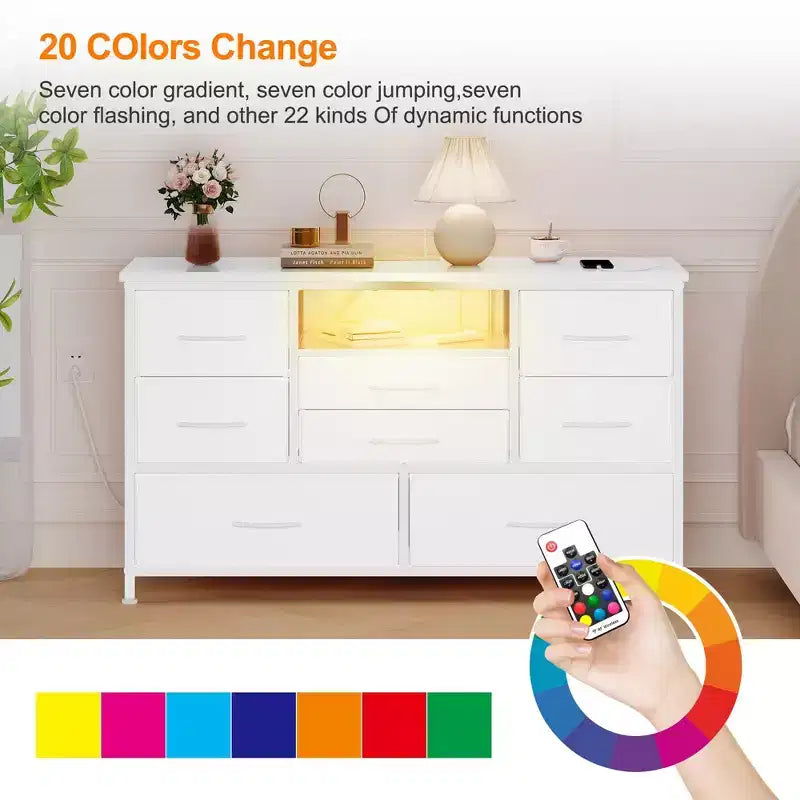 Meuble TV en tissu à 8 tiroirs GustoWave – Console multimédia robuste avec cadre en métal et plateau en bois pour salon, entrée, chambre ou chambre d'amis